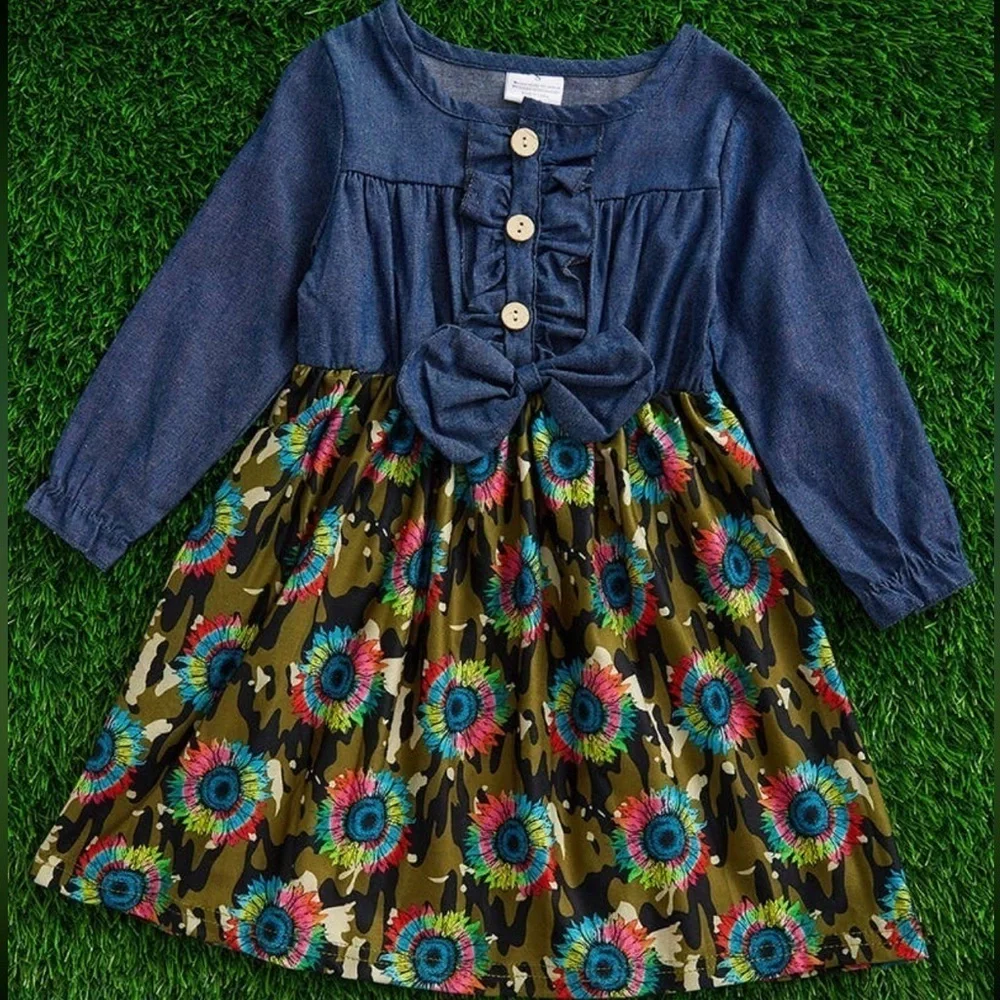 Blue Jean Multi Colored Neon Pink Green Yellow Blue Sunflower Camo Dress